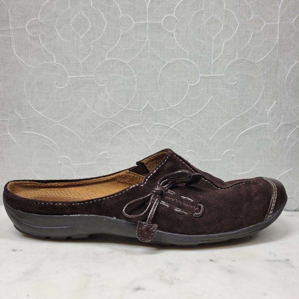Vtg Naturalizer Natural Soul Fanner Suede Mules Womens 7 Brown Leather Bow Y2K